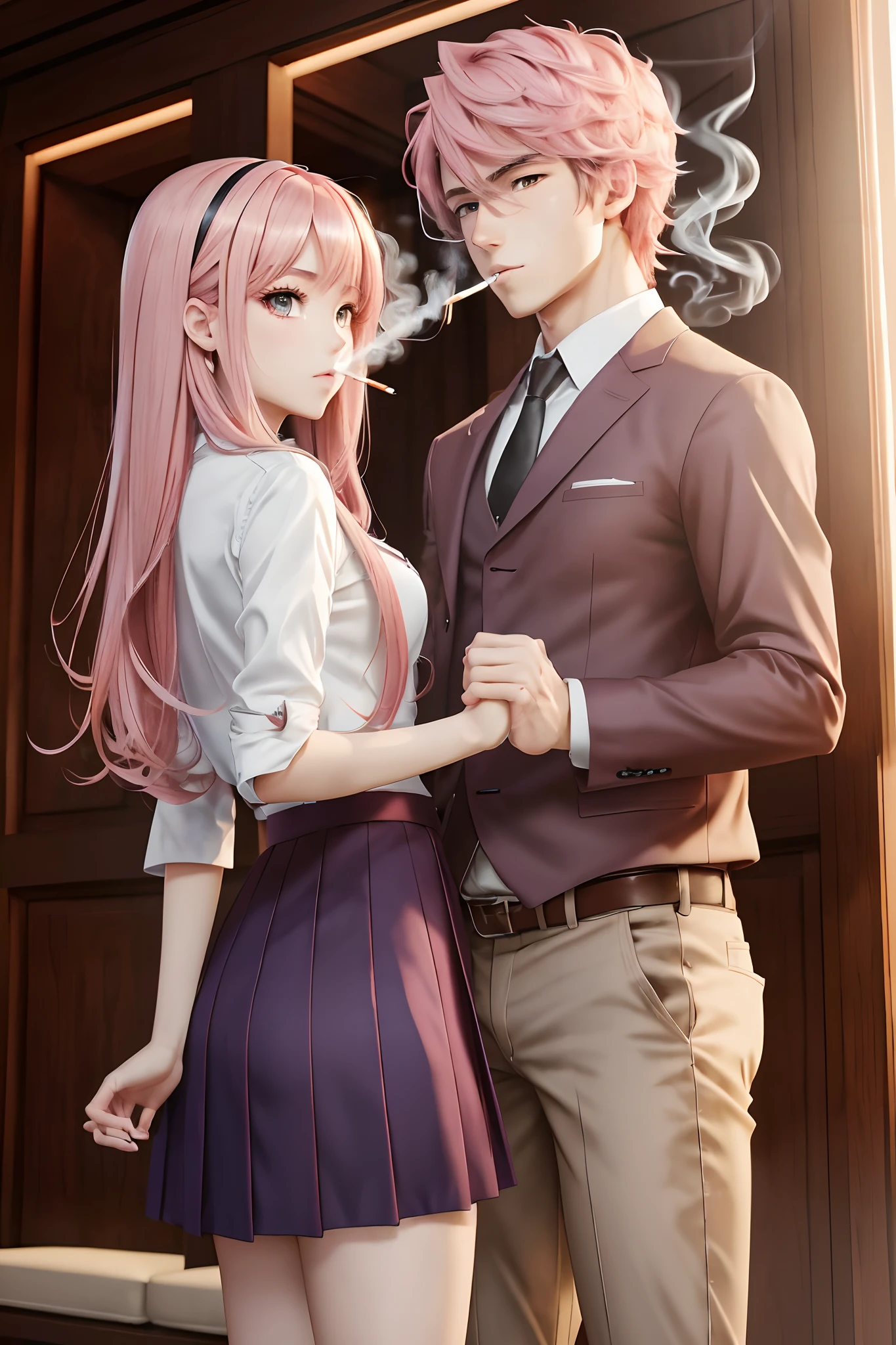 (8k, 4k, high resolution,masterpiece, best quality:1.3, anime style), 1girl and boy, nice hands, cowboy shot, upper body, flirting, 18yo, beautiful hips, pink hair, straight hair, party hair, hazel eyes, front layers hairstyle, thick thigh, pink eyes, ((sharp focus)), school uniform , sexy pose, smoking