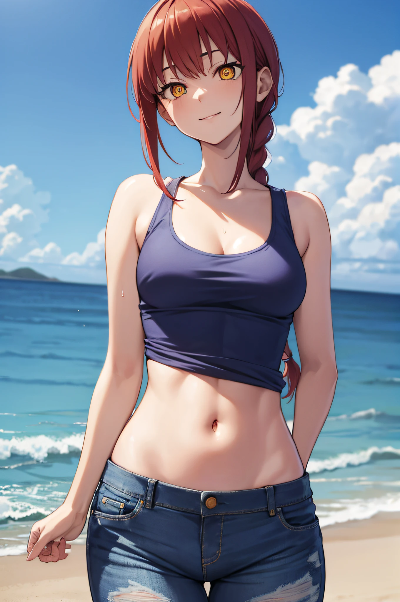 makima, long hair, smile, bangs, small breasts, (yellow eyes:1.2), braid, red hair, braided ponytail, ringed eyes, 
BREAK  (Blue shirt:1.1), (red tank top:1.2), (Short denim pants:1.3), medium breasts, Naked, Exposed skin, Wet skin, cleavage, (put one's hands on one's hips:1.1),
BREAK (sea:1.2), beach, (solar:1.2), morning,
BREAK looking at viewer, 
BREAK (masterpiece:1.2), best quality, high resolution, unity 8k wallpaper, (illustration:0.8), (beautiful detailed eyes:1.6), extremely detailed face, perfect lighting, extremely detailed CG, (perfect hands, perfect anatomy)