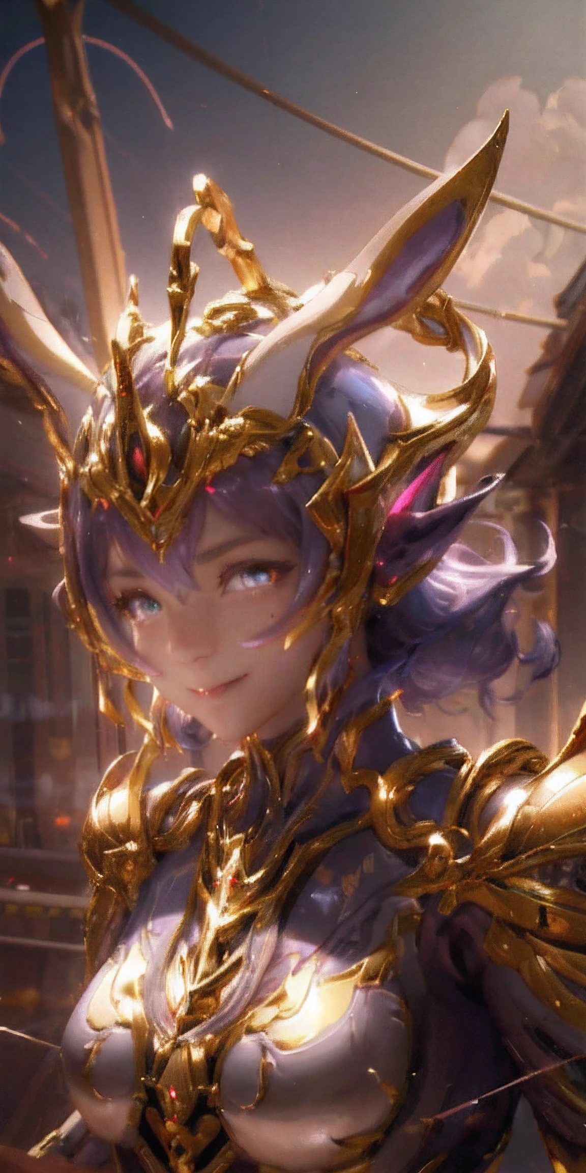 1 girl, A smiling face. , mysterious, helmet, Unicorn Horn, shining eyes, Convey details clearly, Glossy metal, dynamic angle, detailed lighting, breathtaking_glossy, radiation_tracing, reflection,raw, cinematic shot, (crisp focus:1.5), (photorealistic portrait:1.2), twilight lighting, volumetric light, ultra-high resolution, 11,dramatic light,