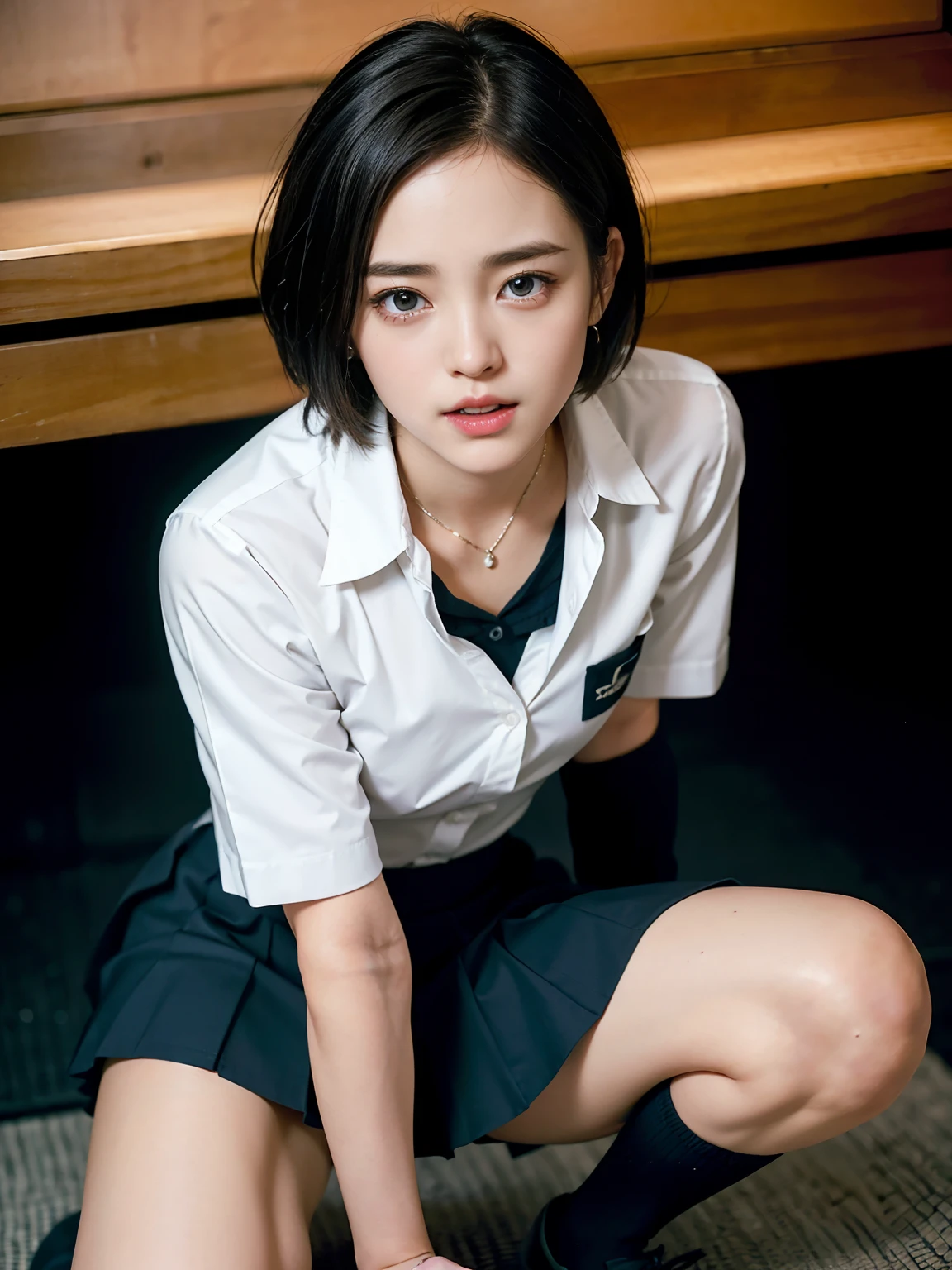 ultra-detailliert、hight resolution、Transcendent beauty　top-quality、​masterpiece、Dark blue high socks、majicMIX Real、(Raw photography:1.2)、(Photorealsitic:1.4)、The beauty of beautiful details　and delicate facial expressions、a blond、(())(crouching down)piercings、Lashes、Sparkling eyes、shiny lip、beatiful detailed eyes、huge filesize、、(Japanese girls' high school uniform))、Very detailed expression、finely detail、Highly detailed face movie lighting、a 18 year old girl、front facing、((dynamicposes)))、(open stance))、(Skirt from bottom to top:1.5), pleatedskirt、blazers、Sexy upper eyes, (Spread your crotch:1.5), (), (Black short hair:1.5), (see -through:1.0), (Fit body:1.5)