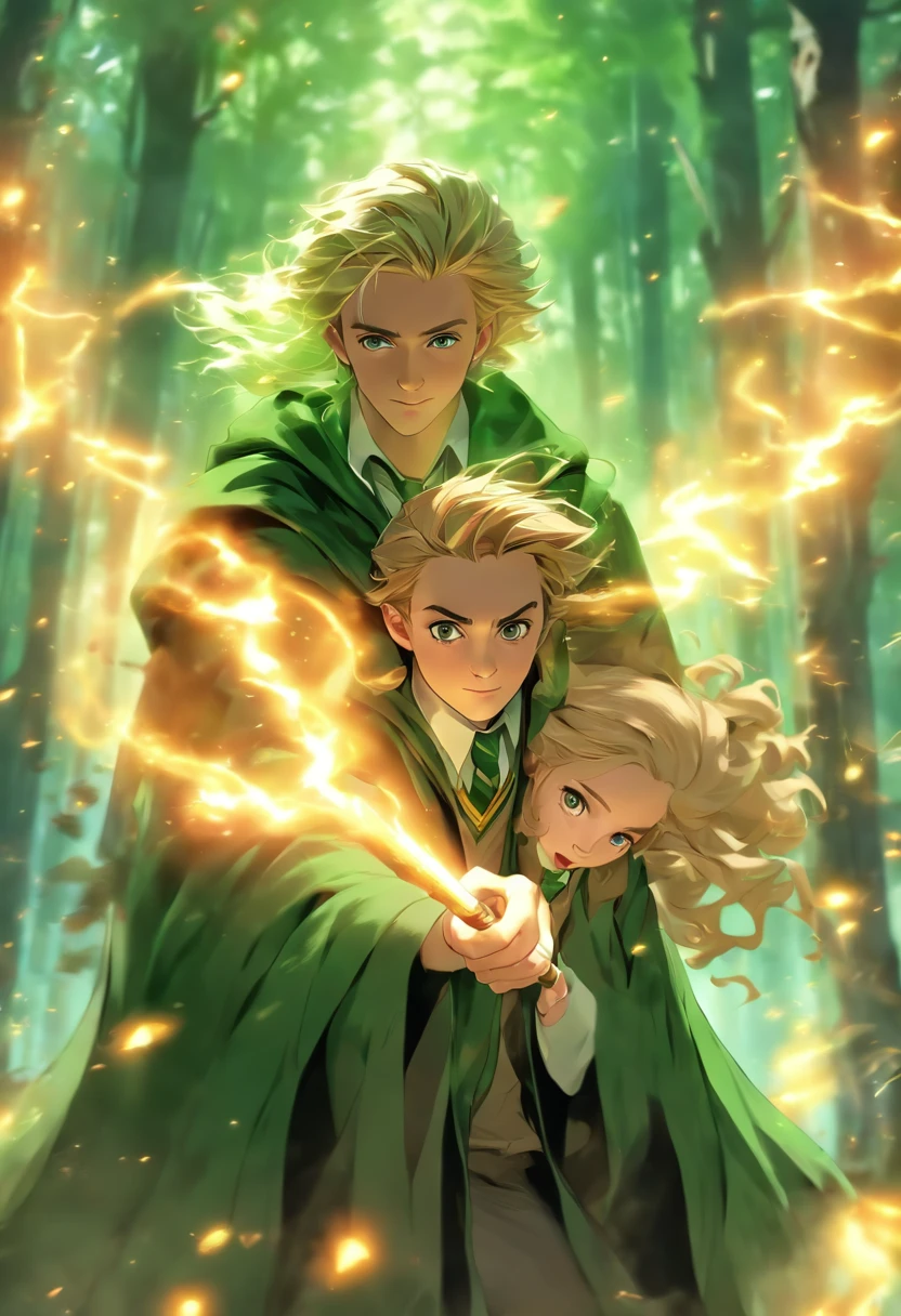 best quality,4K,highres,masterpiece:1.2,(realistic,photorealistic,photo-realistic:1.37),Hermione Granger and Draco Malfoy,beautiful detailed eyes,long eyelashes,detailed facial expressions,emotional connection,romantic atmosphere,soft lighting, Hogwarts School of Witchcraft and Wizardry,green robes,book of spells,enchanted wand,magical background,forest scenery,mist and fog effects,vivid colors,Harry Potter style,portrait