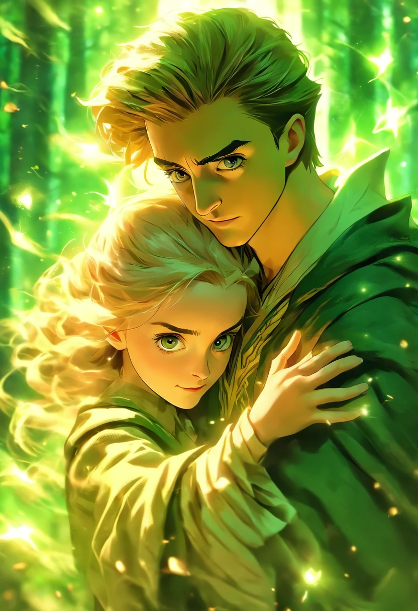 best quality,4K,highres,masterpiece:1.2,(realistic,photorealistic,photo-realistic:1.37),Hermione Granger and Draco Malfoy,beautiful detailed eyes,long eyelashes,detailed facial expressions,emotional connection,romantic atmosphere,soft lighting, Hogwarts School of Witchcraft and Wizardry,green robes,book of spells,enchanted wand,magical background,forest scenery,mist and fog effects,vivid colors,Harry Potter style,portrait