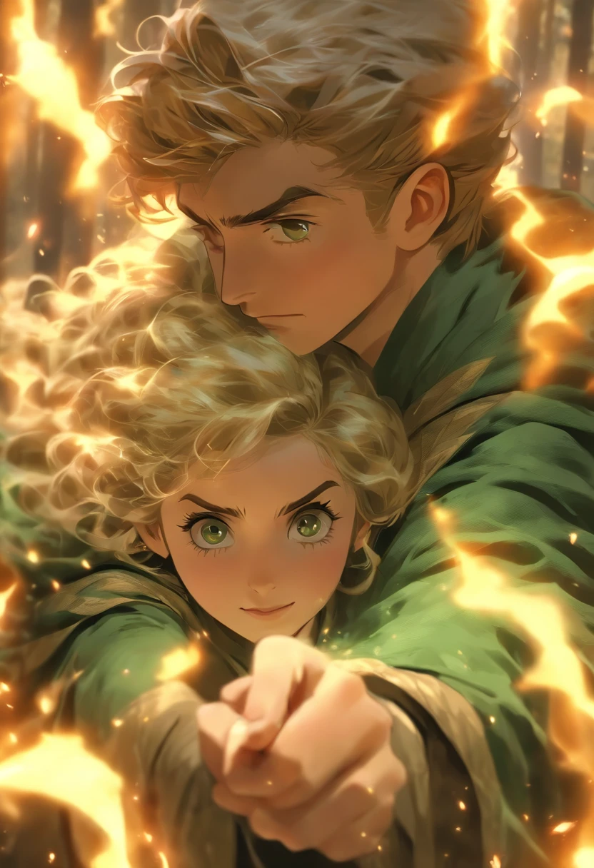 best quality,4K,highres,masterpiece:1.2,(realistic,photorealistic,photo-realistic:1.37),Hermione Granger and Draco Malfoy,beautiful detailed eyes,long eyelashes,detailed facial expressions,emotional connection,romantic atmosphere,soft lighting, Hogwarts School of Witchcraft and Wizardry,green robes,book of spells,enchanted wand,magical background,forest scenery,mist and fog effects,vivid colors,Harry Potter style,portrait