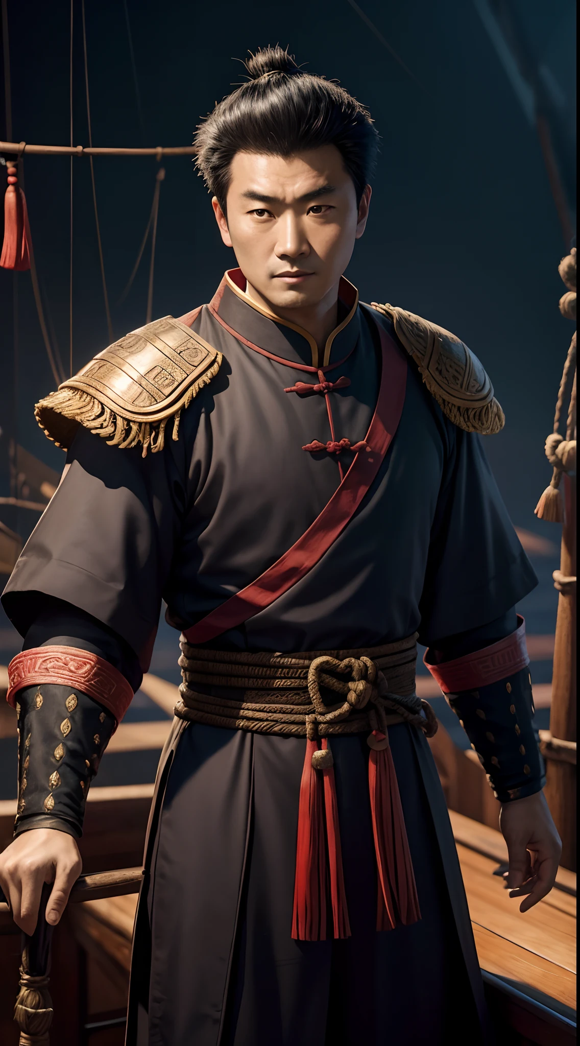 Chinese man, zheng he, admiral,adventurer,15th century, On a wooden ship,In training , epic , dark background