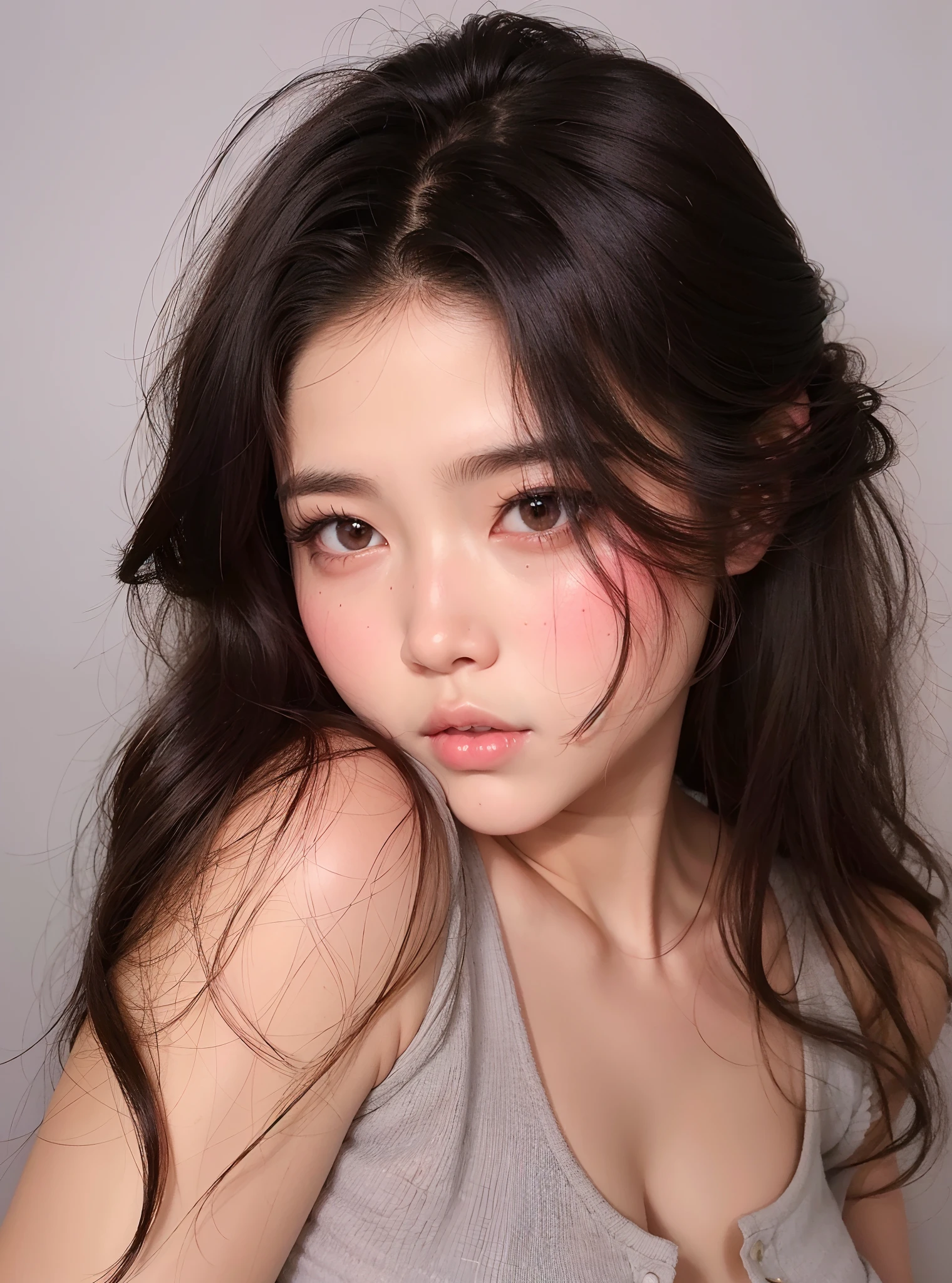Mujer arafed con cabello largo y negro y una camiseta sin mangas gris, chica linda-fina-cara, Chica coreana, Beautiful aesthetic face, south east asian with round face, beautiful asian girl, Asian face, young cute wan asian face, ulzzang, asian beautiful face, detailed face of a asian girl, Asian girl, Rasgos de la cara coreana, Joven y adorable rostro coreano