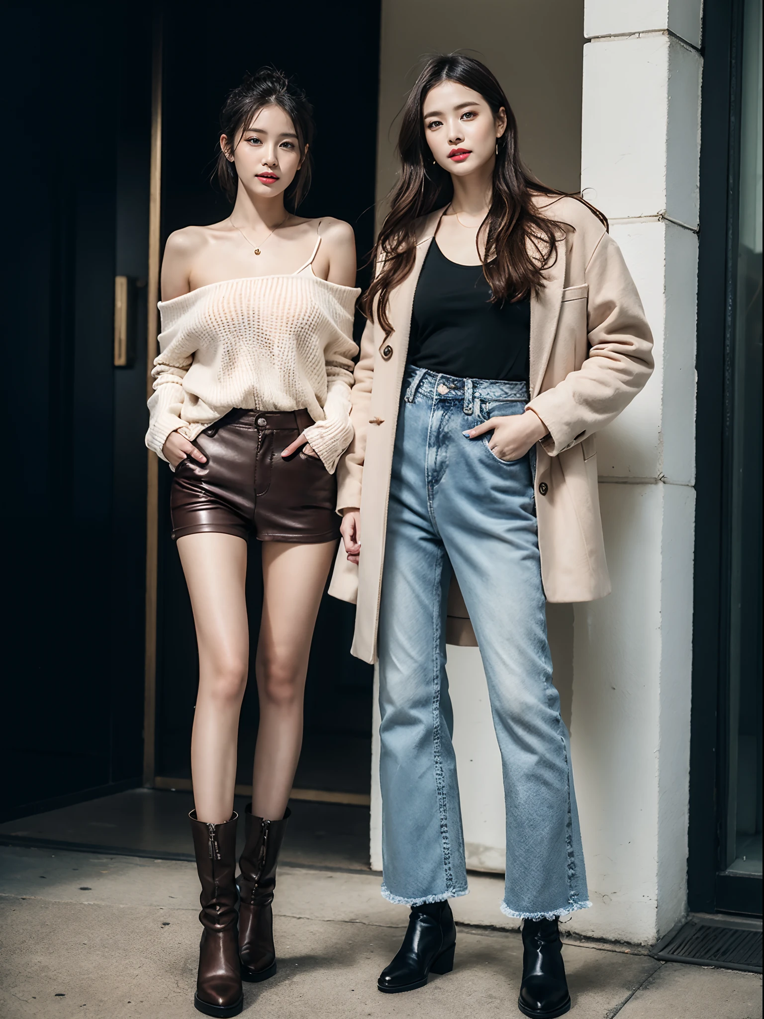 (RAW photo:1.2), (Photorealistic:1.4),Beautiful detailed woman,very detailed eyes and faces, A detailed eye, ultra - detailed,A high resolution, The is very detailed,best qualtiy,illustratio,unified,8k 壁纸,tmasterpiece,best qualtiy,1girll,full bodyesbian,1girll,Solo,Stylish clothes,Leather clothes,Denim trousers,No holes,long whitr hair,Boots,jewely,full bodyesbian,brown hair,Fashionab,Long boots,耳Nipple Ring,standing on your feet,with brown eye,realisticlying