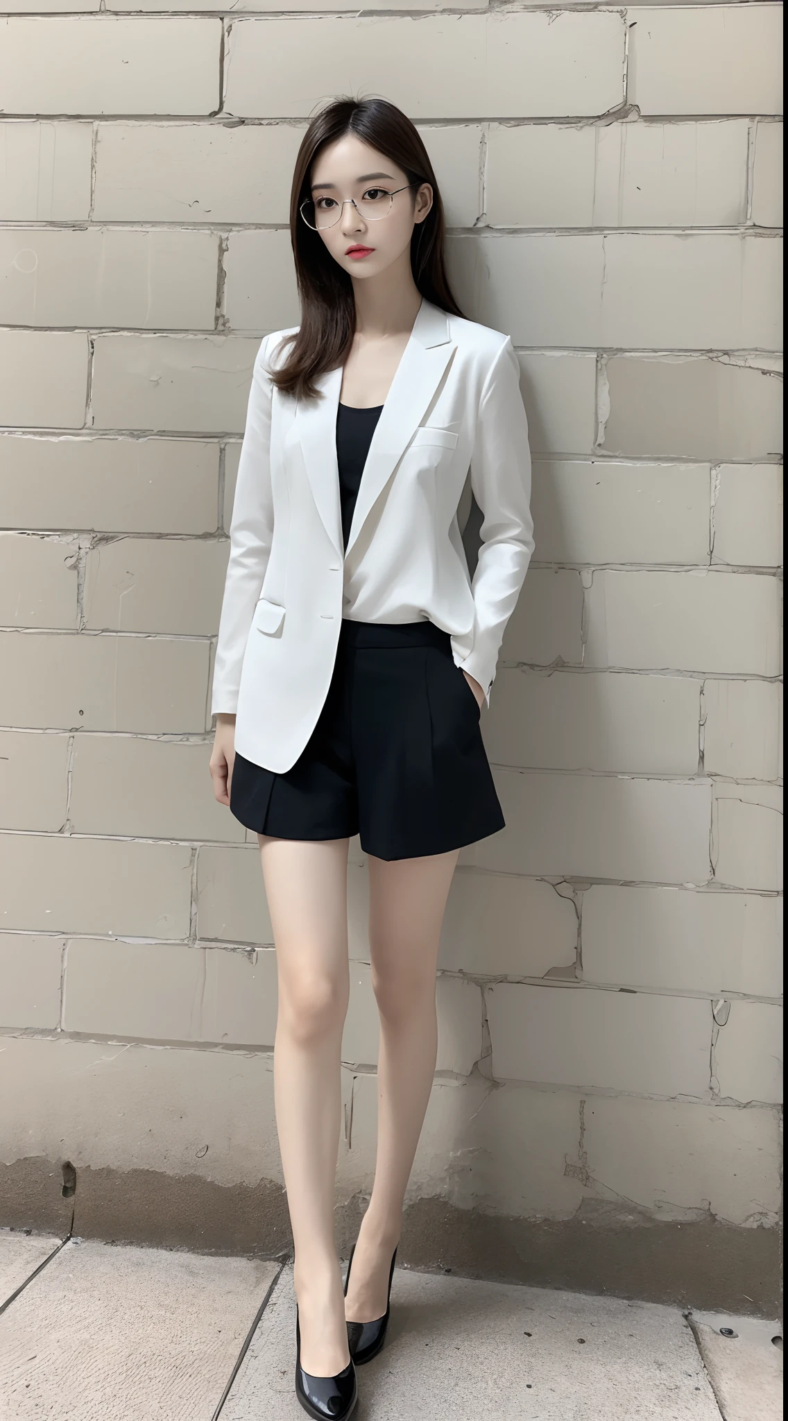 Ultra-clear resolution,top Quority,wears glasses,Clear eyes,plain face,Gloss on lips,s the perfect face,White skin,Perfect chest,Slender legs,Casual wear,blacksilk,flat shoes,the street
