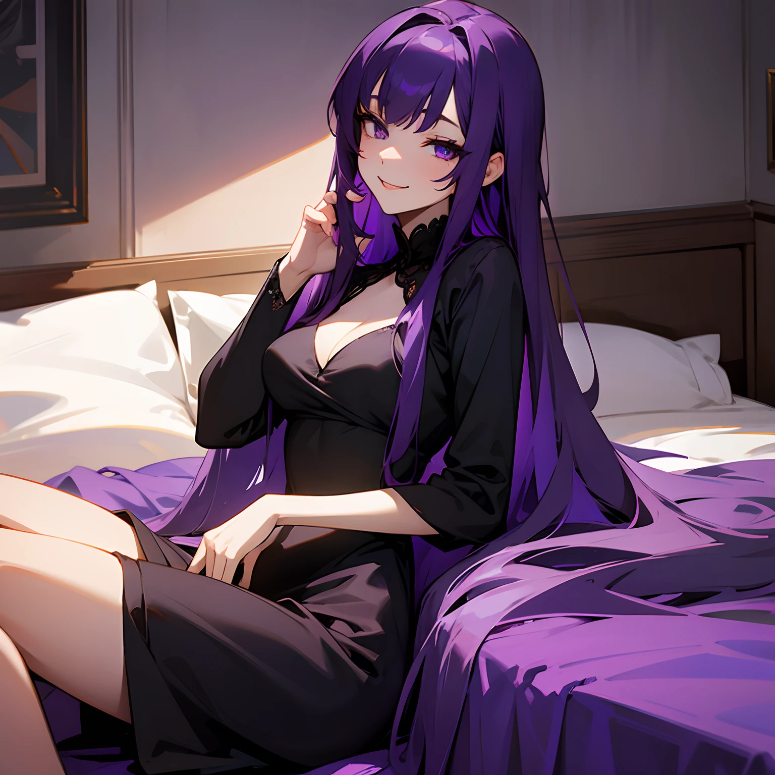 long dark purple hair, purple eyes, beautiful, domestic, woman, sly smile, black dress, sexy, sitting bed