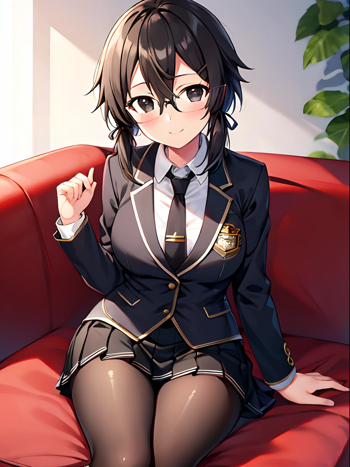 Masterpiece, best quality, 1girl, Solo, shino asada, (black eyes:1.5), black hair, hair between eyes, hair ribbon, short hair, sidelocks, glasses, hairclip, blazer, black jacket, black skirt, jacket, necktie, pleated skirt, red necktie, ribbon, school uniform, skirt, tress ribbon, light smile, hand on hair, shiny pupils, eyelash, skinny legs, latex tights, latex boots, sitting on sofa, from pov,