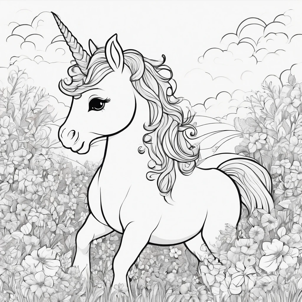 Cute unicorn in a field of little amount of flowers, a rainbow, cartoon style, Line drawing background, White background, monochrome, line-drawing, ((sketch)), Baby Coloring Thick lines sharpened.