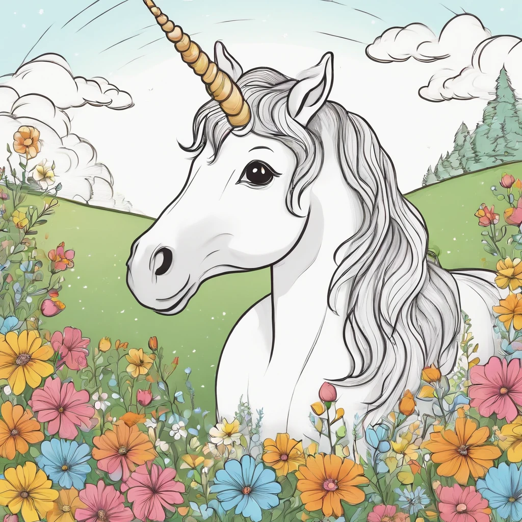 Cute unicorn in a field of little amount of flowers, a rainbow, cartoon style, Line drawing background, White background, monochrome, line-drawing, ((sketch)), Baby Coloring Thick lines sharpened.