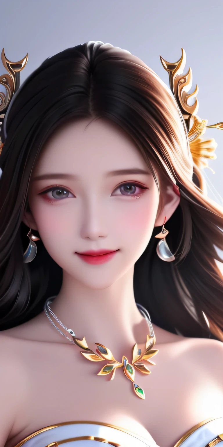 Best Quality, Masterpiece, High Resolution, 1girl, Clear Silk Porcelain Dress, Pretty Face, Hair Accessories, Look at the Audience, Smile, Close Mouth, Lips, Dress, Hair Accessories, Necklaces, Jewelry, Long Hair, Earrings, Beautiful Face, Body, Tindal Effect, Realism, Shadow Studio, Edge Lighting, Two-Color Lighting, (High Detail Skin: 1.2), 8k UHD, DSLR, Soft Light, High Quality, Volume Lighting, Photo, High Resolution 4K, 8k, Blurred Background