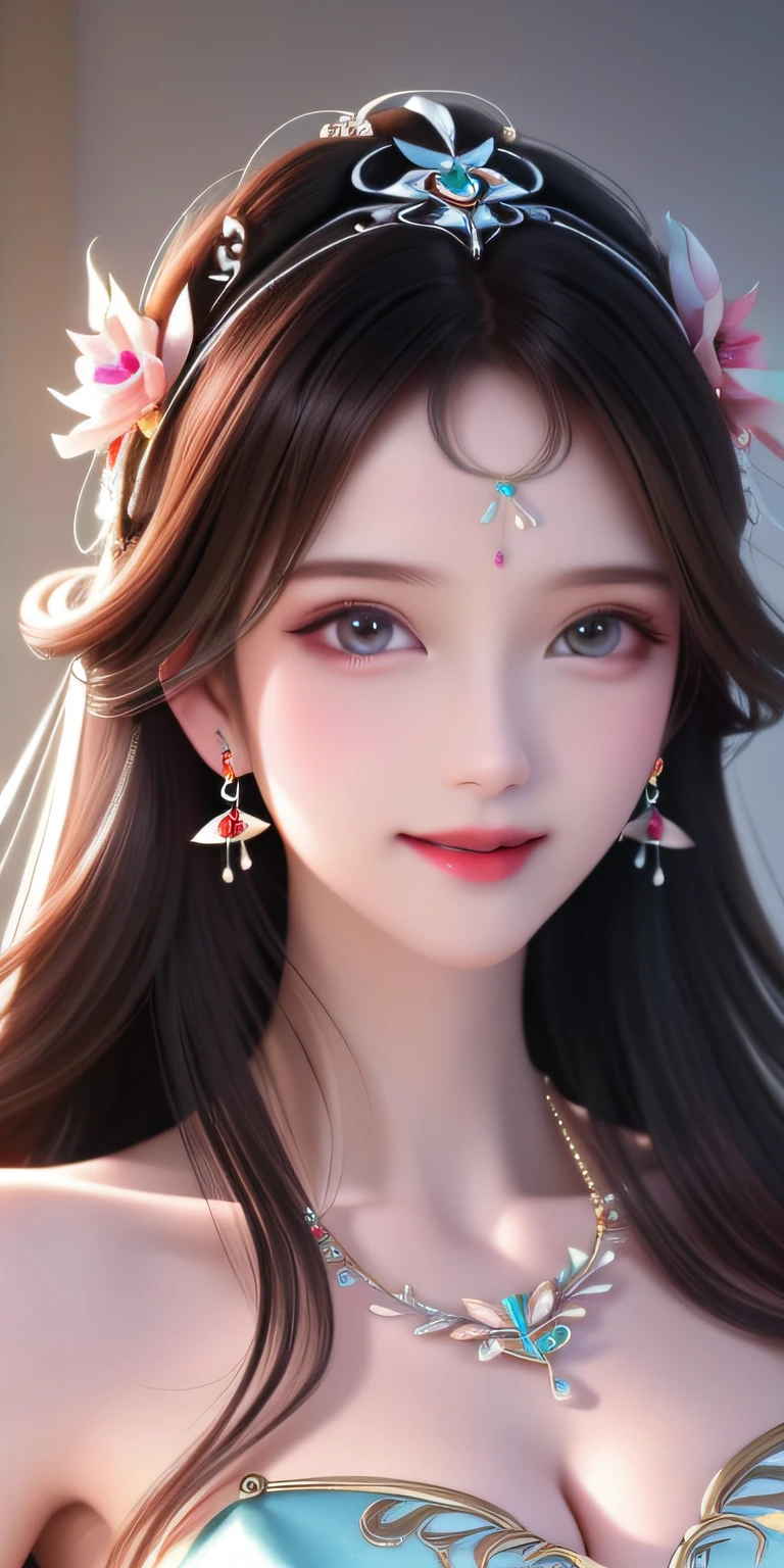 Best Quality, Masterpiece, High Resolution, 1girl, Clear Silk Porcelain Dress, Pretty Face, Hair Accessories, Look at the Audience, Smile, Close Mouth, Lips, Dress, Hair Accessories, Necklaces, Jewelry, Long Hair, Earrings, Beautiful Face, Body, Tindal Effect, Realism, Shadow Studio, Edge Lighting, Two-Color Lighting, (High Detail Skin: 1.2), 8k UHD, DSLR, Soft Light, High Quality, Volume Lighting, Photo, High Resolution 4K, 8k, Blurred Background