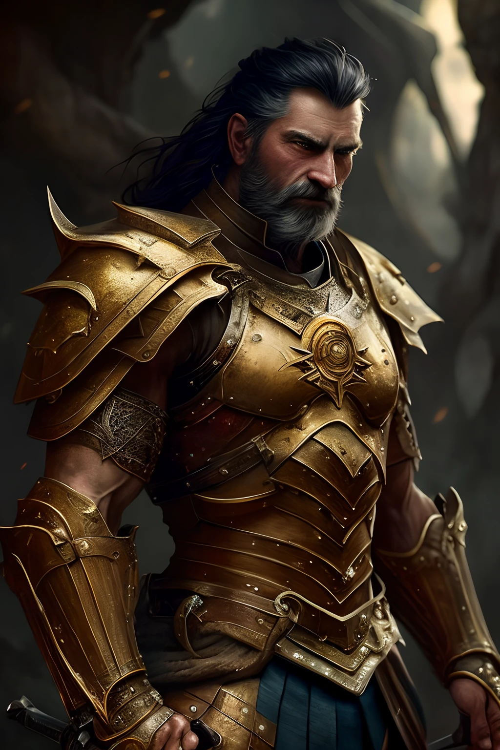 a close up of a man in armor holding a sword, vigo the carpathian, epic exquisite character art, fantasy warrior in full armor, picture of an adult male warrior, gold heavy armor. dramatic, wojtek fus, stunning character art, painted portrait of rugged odin, trendin on artstation, by Tadeusz Pruszkówski