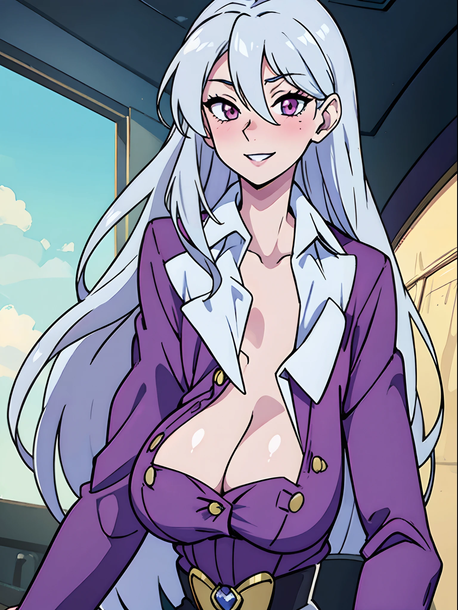 masterpiece,best quality,official art,highly detailed,exquisite facial features, female,skinny,slender waist, lipstick,blush,long hair,hair between eye,silver hair, pinup, sexy,huge breasts, button up shirt, cleavage, pale skin,grin
