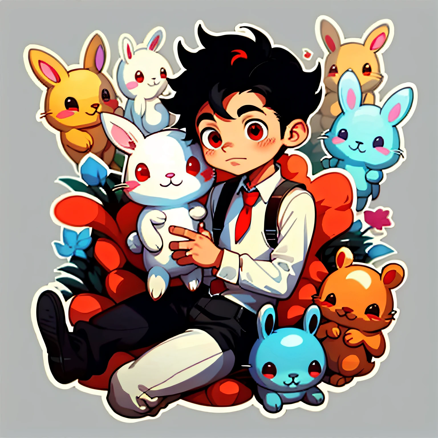 bunny\（organism\），A boy with，simple backgound，Cartoon Cute，full bodyesbian，Red eyes，Black hair