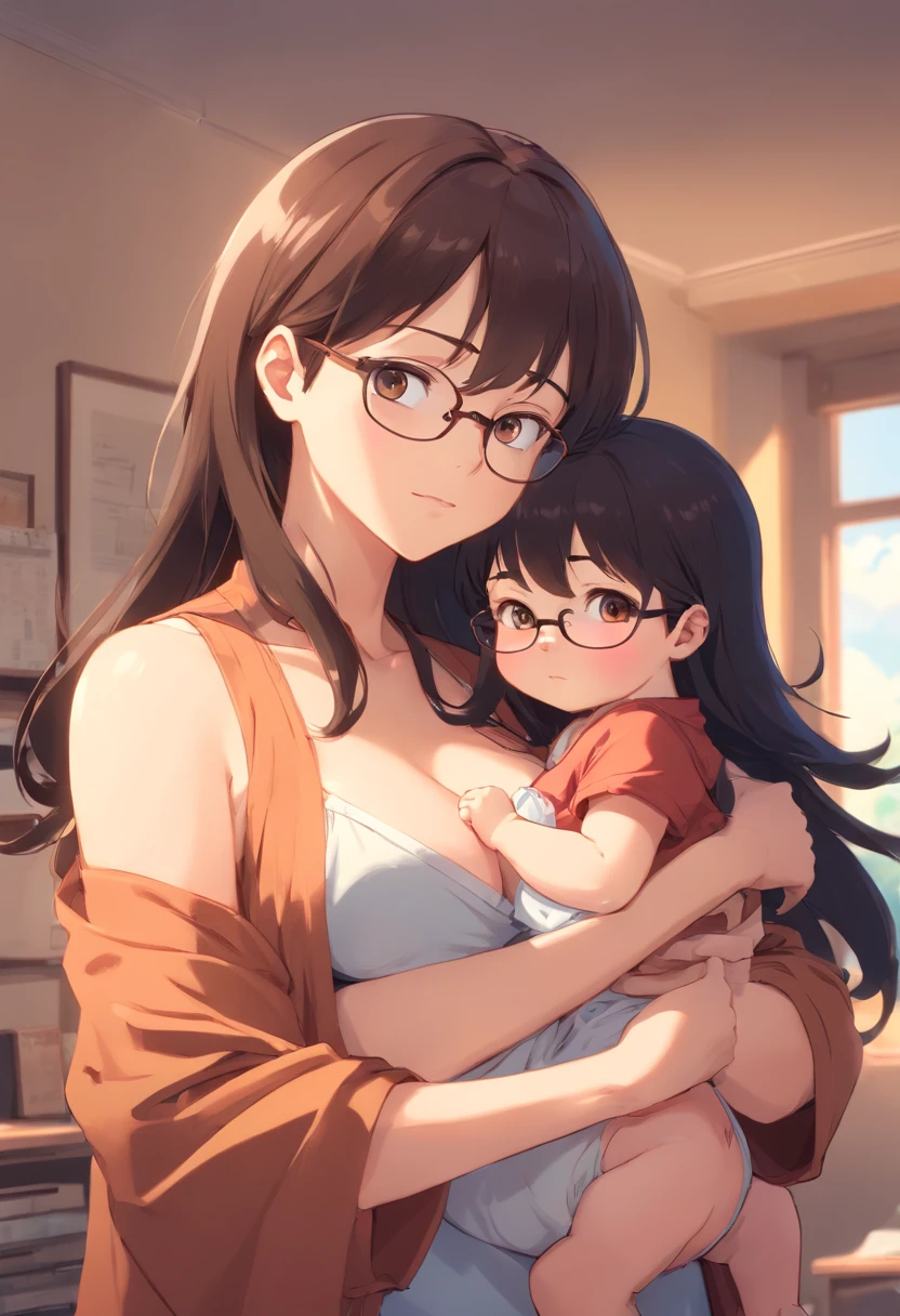 a mother, glasses, brown hair, bangs, brown clothes, holding her girl, long black hair, bangs, newborn clothes, nursery ((huge boobs)) ((nipples)) ((pussy))