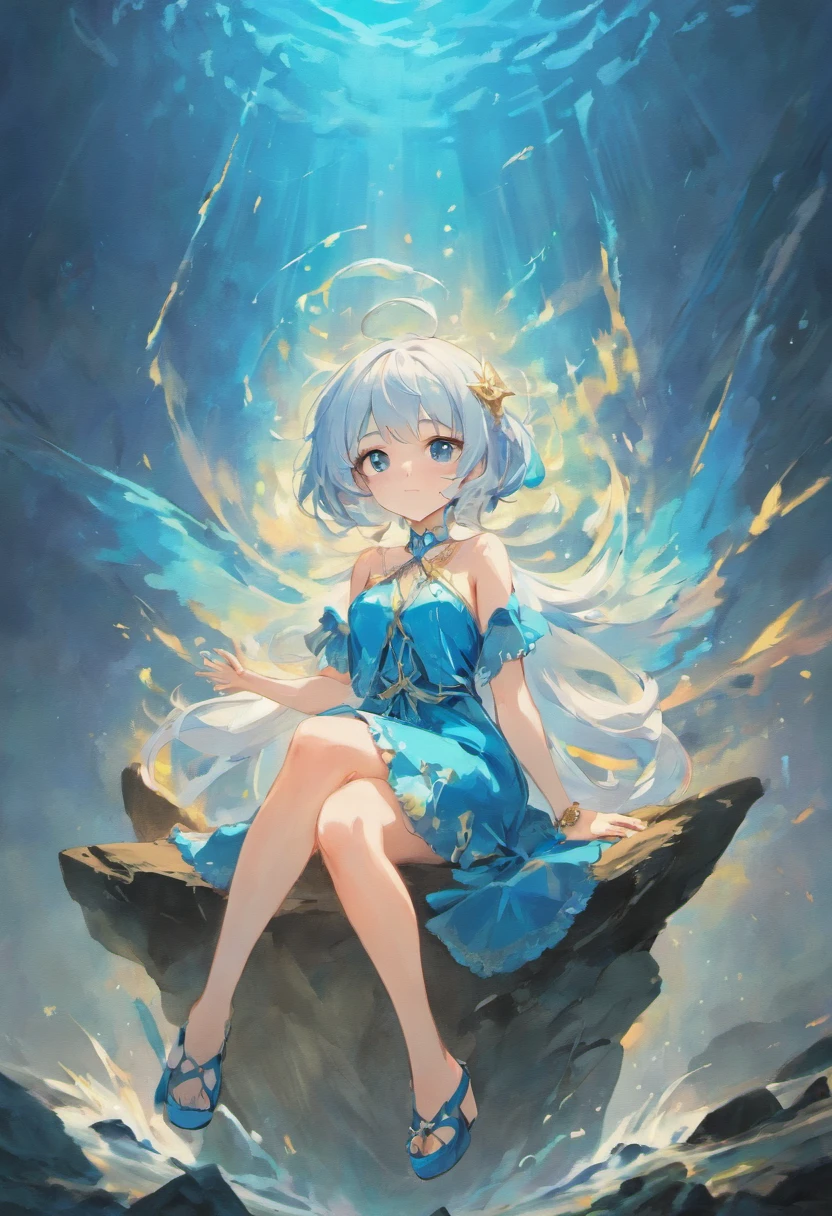 anime girl with white hair and blue dress sitting on a rock, wallpaper anime blue water, splash art anime loli, white haired deity, water element, cirno, ayaka genshin impact, nightcore, lunar themed attire, style anime, anime cover, keqing from genshin impact, ”beautiful anime woman, 8k)), blue scales covering her chest