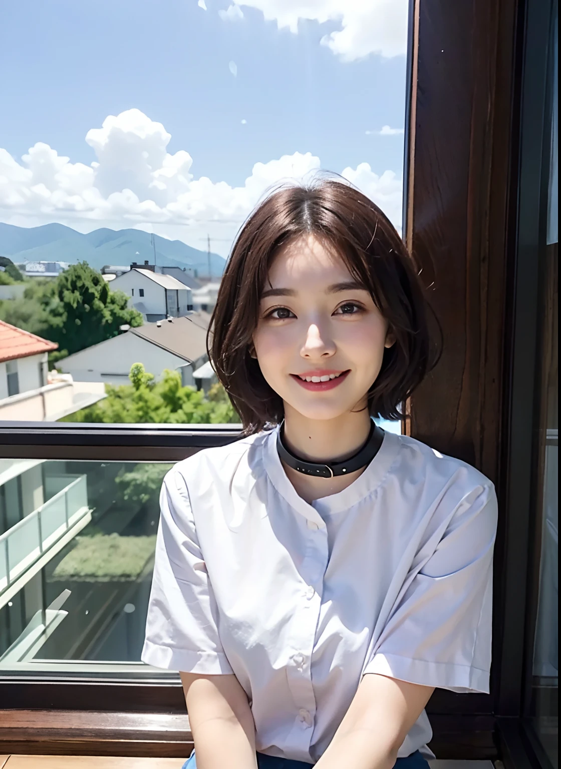(8k、top-quality、masterpiece:1.2)、(realisitic、Photorealsitic:1.37)、ultra-detailliert、女の子 1 人、cute little、soio、Beautiful detailed sky、Detailed Cafe、daytime、sitting on、date、(Nasal blush)、 (a smile:1.15),(Closed)small tits,Beautiful fineness,(shirt with collar:1.1),casual clothing、Date Outfit、(short-hair:1.2),Floating Hair NovaFrogStyle,