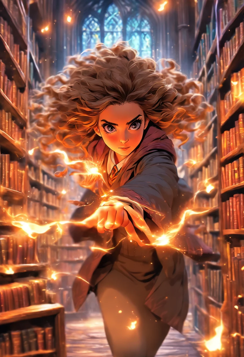 Best Quality,Ultra-detailed,Realistic,Hermione Granger,Harry Potter,Female Character,warlock,Brave,smart,curly hair,robes,book,Casting a spell in the library,Magic,wallside,bookshelves,Magical atmosphere,Mysterious lighting,Vivid colors,Portrait