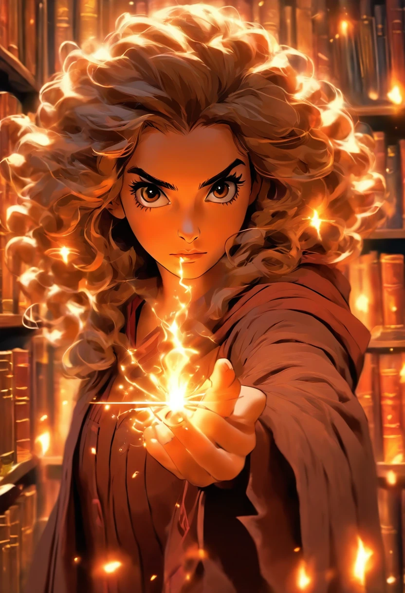 Best Quality,Ultra-detailed,Realistic,Hermione Granger,Harry Potter,Female Character,warlock,Brave,smart,curly hair,robes,book,Casting a spell in the library,Magic,wallside,bookshelves,Magical atmosphere,Mysterious lighting,Vivid colors,Portrait