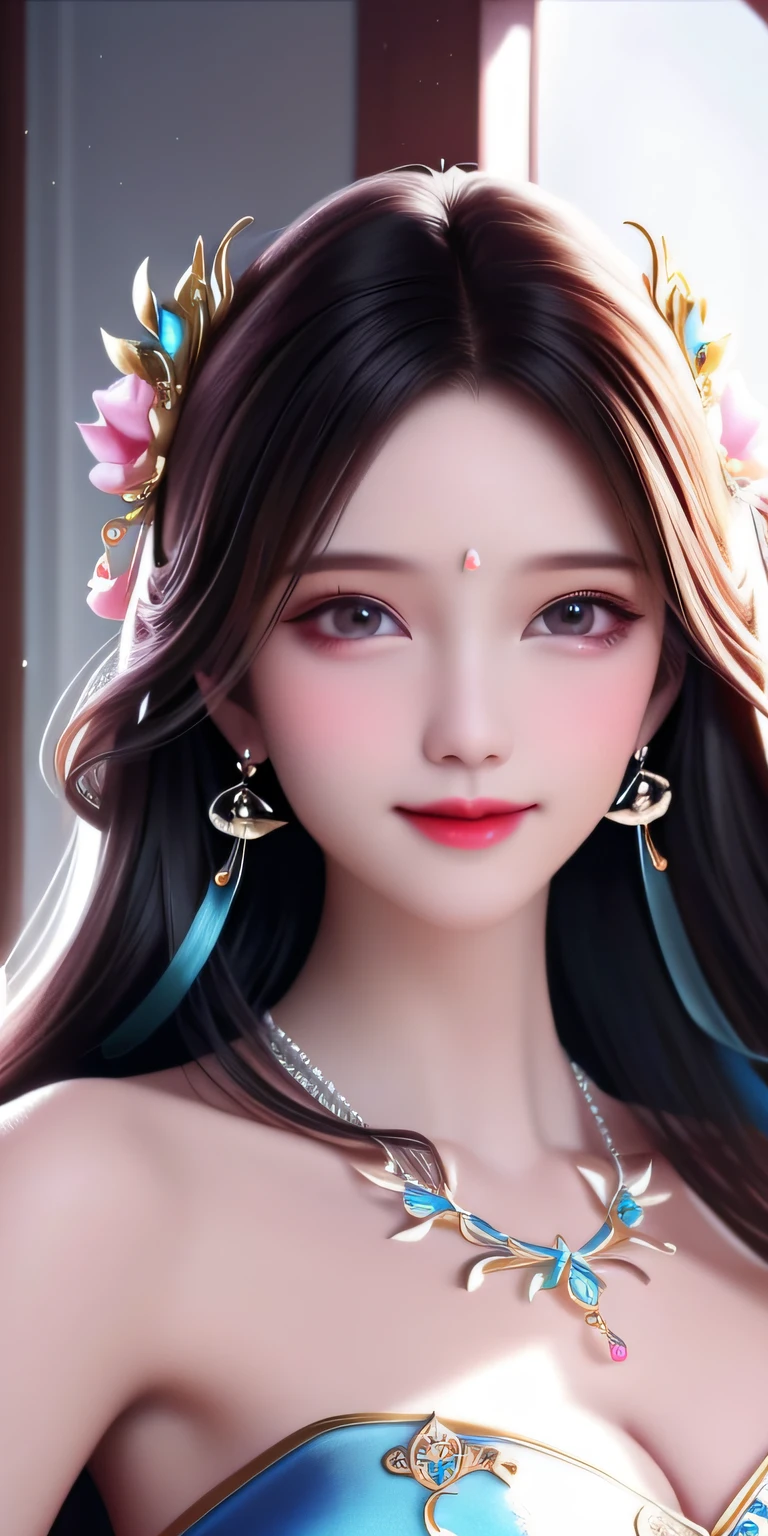 Best Quality, Masterpiece, High Resolution, 1girl, Clear Silk Porcelain Dress, Pretty Face, Hair Accessories, Look at the Audience, Smile, Close Mouth, Lips, Dress, Hair Accessories, Necklaces, Jewelry, Long Hair, Earrings, Beautiful Face, Body, Tindal Effect, Realism, Shadow Studio, Edge Lighting, Two-Color Lighting, (High Detail Skin: 1.2), 8k UHD, DSLR, Soft Light, High Quality, Volume Lighting, Photo, High Resolution 4K, 8k, Blurred Background