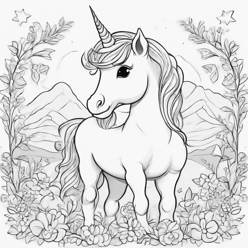 kiddy unicorn cartoon style, Line drawing background, White background, monochrome, line-drawing, ((sketch)), Baby Coloring Thick lines sharpened.