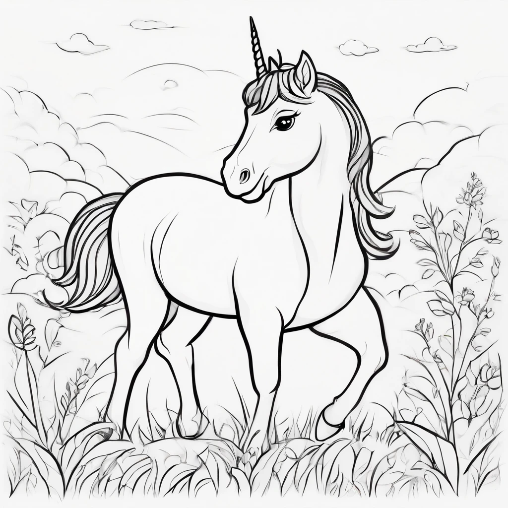 kiddy unicorn cartoon style, Line drawing background, White background, monochrome, line-drawing, ((sketch)), Baby Coloring Thick lines sharpened.