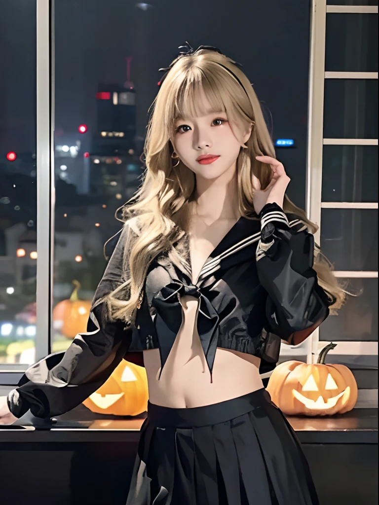 (top-quality), Realistic, (real picture, Intricate details, depth of fields), ((black sailor suit:1.3, no tie, black maxi skirt:1.5, long sleeves)), (teenage Japanese girl in Halloween party), (standing in Tokyo at late night), (neat face, Parted lips), (blonde wavy hair, long hair, short bangs), (Fair skin), navel, night time, darkness