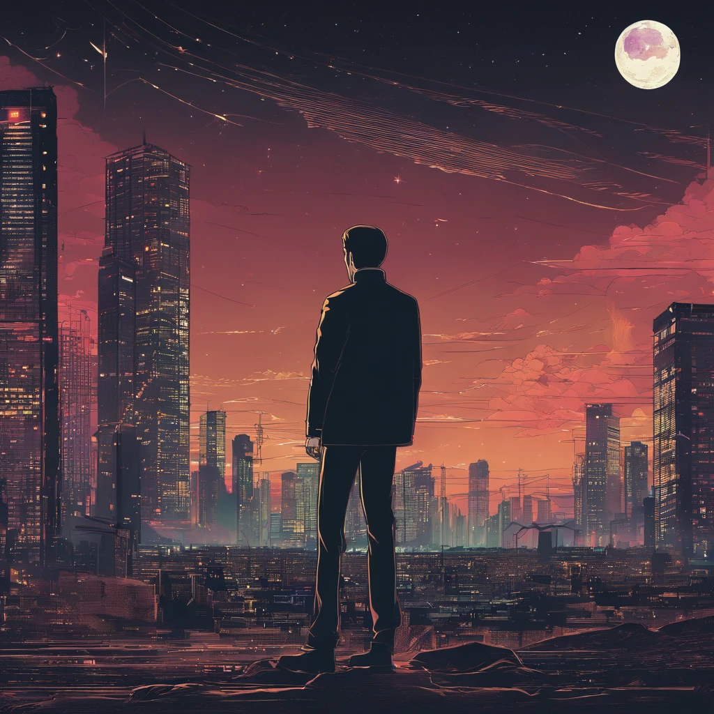 Album cover design description:
1. **Basic background**: South Korea, Blur city night view. The light of a passing car, Flickering buildings, The city's demolition, And the moon rising in the distance forms the background.
2. **centered image**: One character(South Korean)This stands with its back turned. His shoulders seem a little heavy, but, Above his head are shining stars, It gives the impression of a subtle glow.
3. **Bottom image**: At the feet of the figure, a broken clock and a broken hourglass are visible., It symbolizes the passage of time and the responsibility that comes with it.
4. **Colors**: The colors of the album as a whole add a bit of vintage tones, creating a melancholy yet warm feeling.
This album cover is about life's difficulties and responsibilities, And expressing the importance of that period,, Against the backdrop of the night view of the city, it conveys a message about one's own time and the value of the moment.