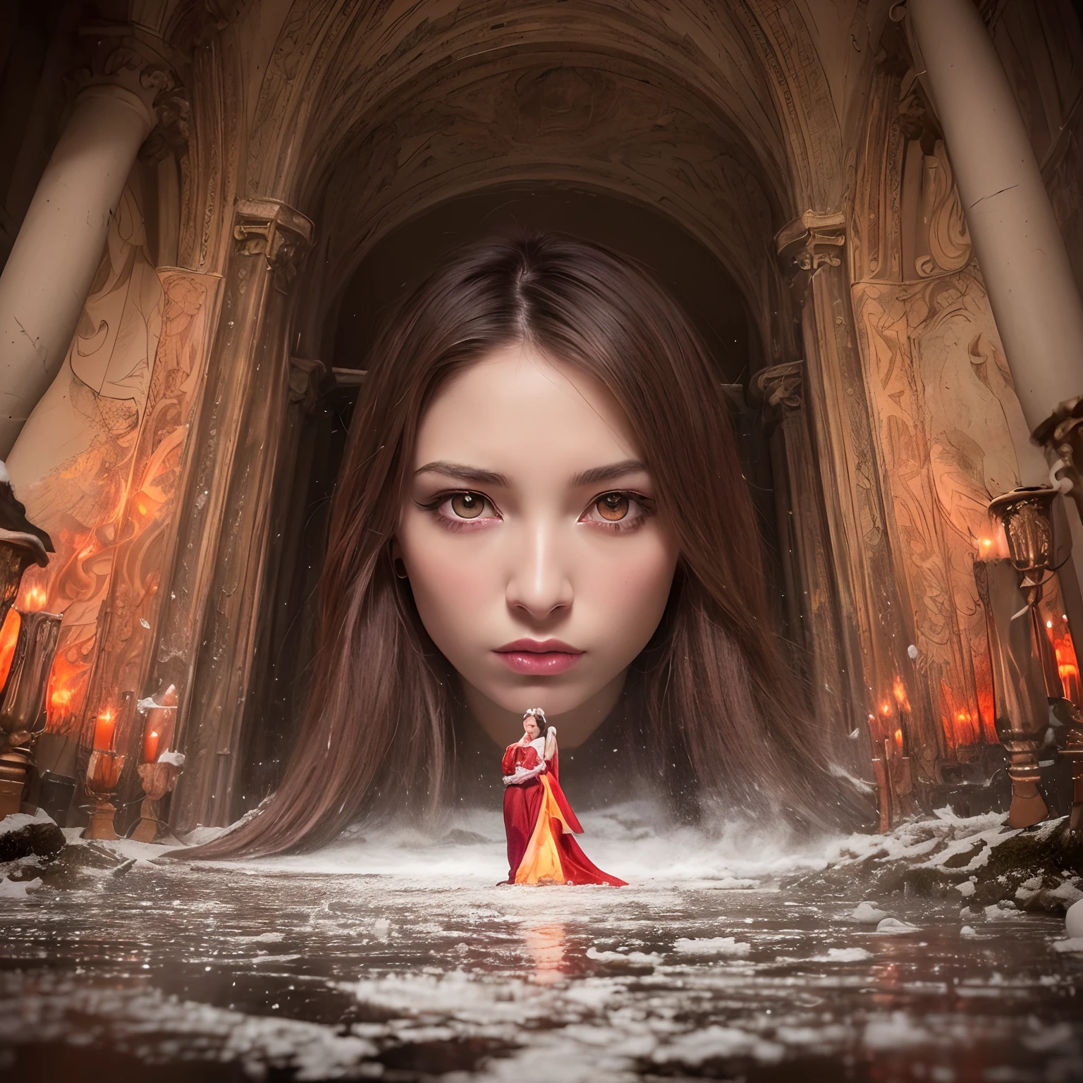 (Numerous masterpieces, Award-winning, with incredible detail, Textures and maximum detail), (hyper realistic:1.4), (Upper Body Up:0.4), (Realistic:1.3), (best quality real texture skin), ((Full-length standing image)), (Finely detailed true circle Symmetrical eyes), (Finely traced beautiful face), (Decadent Look: 1.5), (Aesthetic image: 1.5), An obscene and seductive image, ((The Medieval World)), ((The Lord's Black Devil)), ((The Lord's White Devil)), (An icy look in the eyes), (She has a mischievous smile on her face), (Eyes, which glow red in the dark:1.5), (A Lot of the Devil, dancing in the background), (Dramatic light), (A majestic sight), (Her face is gentle and beautiful, but somehow terrifying), ((Large wings with feathers behind the shoulders)), (Folded wings), Glass earrings on the ears, (((Dramatic photo))), (twilight), (Sunset), (nightfall), (seductive position), (Dramatic pose), (Golden hair), (Silver hair), (brown-hair), short-cut hair, ((full-length portrait)), ((Looking Up)), ((Looking down)), (Around her neck is a simple necklace of exquisite workmanship), (Swirling flame), (Swirling zipper), (Swirling ice and snow), ((gives a full-length image)), Old ruins, teeming with plants, The Great Temple, The Great Cathedral, Ruins of the temple, Detached temple, Glowing Magic Circle, Ruins of an ancient castle, Abandoned ruins, Crushing ruins, Ancient ruins with clear water, Wavelets, Plumbing, Majestic cloudy masses and the sky shine, lightning bolts, Epic Realistic, ((neutral colors)), (HDR:1.5), (Muted colors:1.2), hyper detailed, Cinematic, warm light, Dramatic light, (intricate details:1.1), Complex background, --auto