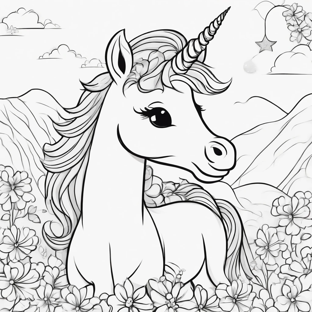 Cute kiddy unicorn cartoon style, Line drawing background, White background, monochrome, line-drawing, ((sketch)), Coloring Thick lines sharpened, remove grey tones.