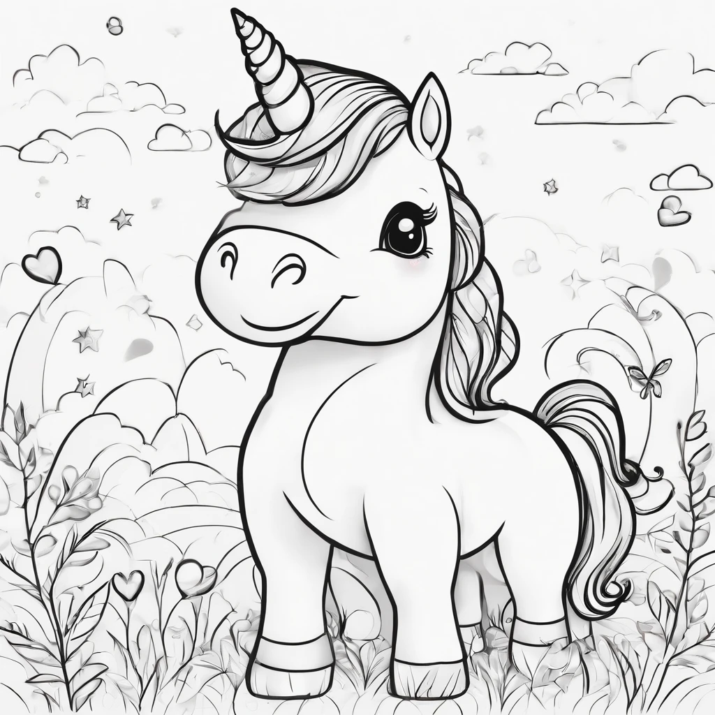 Cute kiddy unicorn cartoon style, Line drawing background, White background, monochrome, line-drawing, ((sketch)), Coloring Thick lines sharpened, remove grey tones.