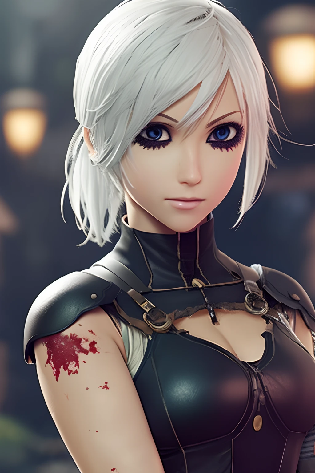 2B from Nier automata is bloody and bruised wearing an eye patch and has a worried look on her face as she looks to be in danger after going through a tough battle