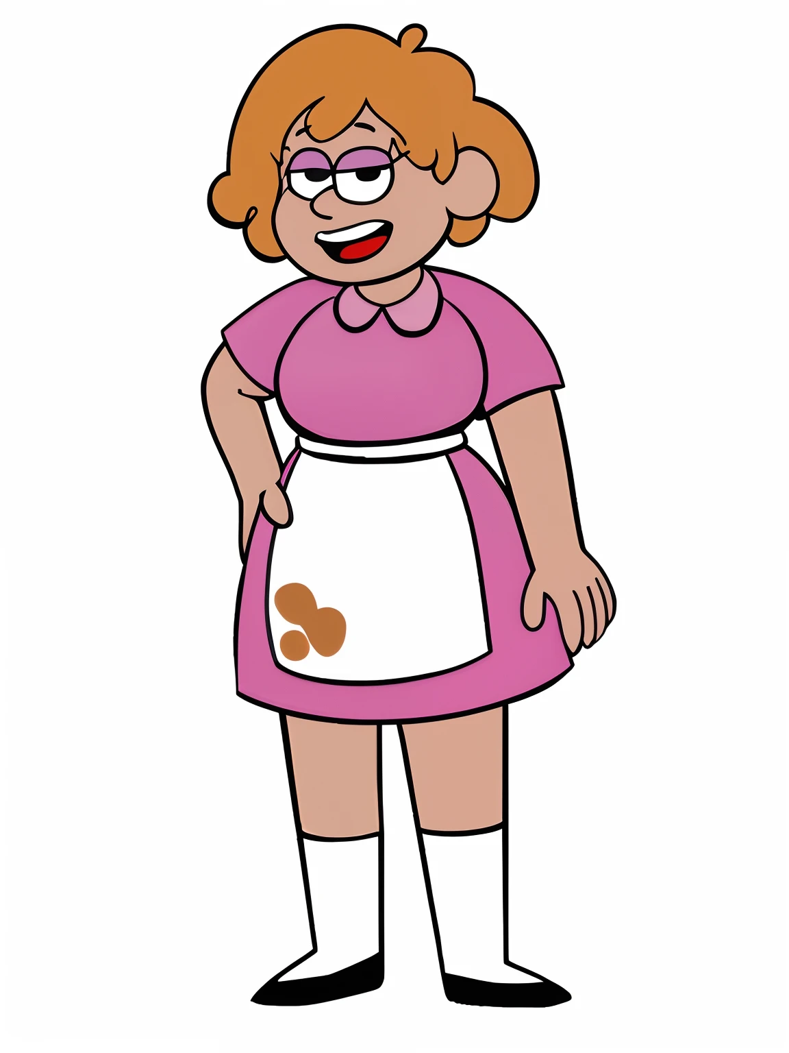 cartoon of a woman with a orange hair and a pink dress wearing an apron, ( waitress ) adult woman. Big breast. Short hair