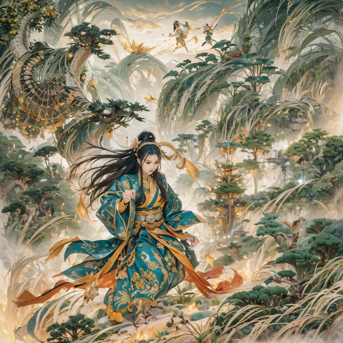 Fly into the fairy world, Chance encounter with Liu Hanshu, He saw in him his former self, It was decided to take him as an apprentice, Teach him how to protect himself, But because of the Tibetan star map, He established relationships with the Liu family and the Jade Sword Sect, It opens with the death of Liu Hanshu, Qin Yu embarked on the road of confrontation with a strong enemy, Working hard, Make yourself stronger, Stick to your own core path of justice, I also want to protect the people I care about, The three brothers took off, And embarked on a long journey to find a good brother, Qin Yu, Where are Xiao Hei and Hou Fei(canyons)Climb the streets(Doomsday Stream)eyes filled with angry,He clenched his fists,Rush up,Deliver a fatal blow to your opponent,full bodyesbian,Full Body Male Mage 32K(Masterpiece Canyon Ultra HD)Long flowing black hair,Campsite size,zydink, The wounded lined up in the streets(canyons)Climb the streets, The scene of the explosion(canyons), (Linen batik scarf), Angry fighting stance, looking at the ground, Batik linen bandana, Chinese python pattern long-sleeved garment, canyons(Abstract propylene splash:1.2), Dark clouds lightning background,Flour flies(realisticlying:1.4),Black color hair,Flour fluttering,rainbow background, A high resolution, the detail, RAW photogr, Sharp Re, Nikon D850 Film Stock Photo by Jefferies Lee 4 Kodak Portra 400 Camera F1.6 shots, Rich colors, ultra-realistic vivid textures, Dramatic lighting, Unreal Engine Art Station Trend, cinestir 800,Flowing black hair,(((Jungle Canyon)))The wounded lined up in the streets(vale)Climb the streets,Movie master real-time image quality