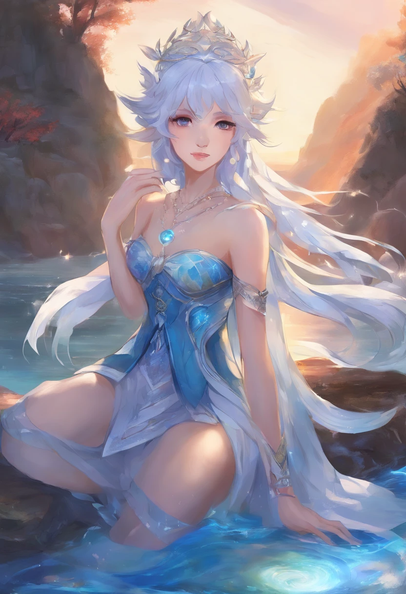 anime girl with white hair and blue dress sitting on a rock, wallpaper anime blue water, splash art anime li, white haired deity, water element, cirno, ayaka genshin impact, nightcore, lunar themed attire, style anime, anime cover, keqing from genshin impact, ”beautiful anime woman, 8k)), blue scales covering her chest