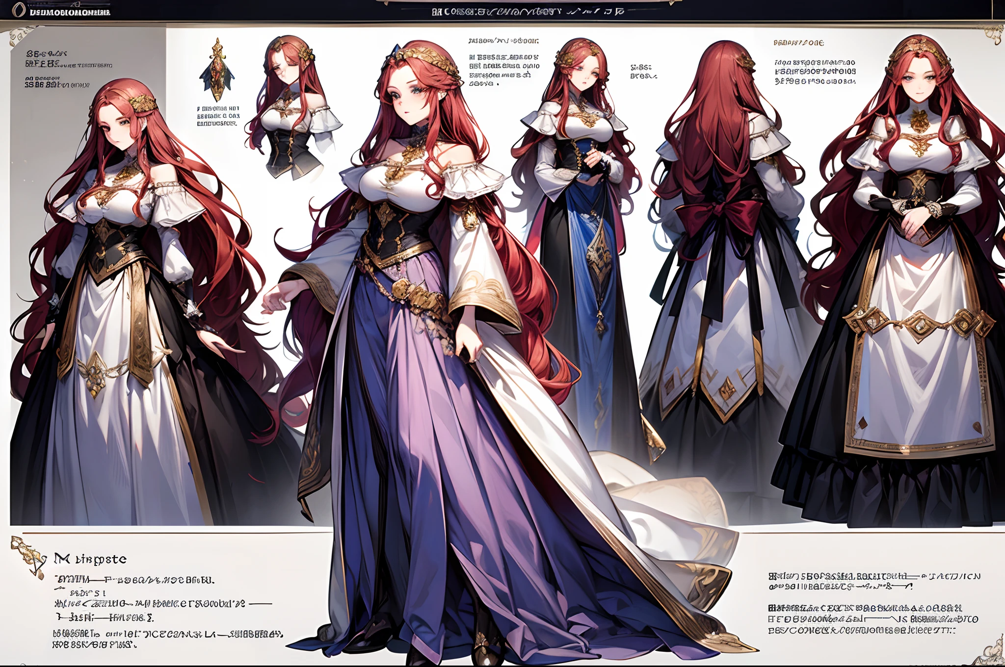 ((tmasterpiece )), ((best quality)), (CharacterDesingSheet, Same role, facade, side face, on the back), 1 girl, eighteen years old, very long wavy red hair, semi-long bangs, pale skin, eyes green as emeralds, shy look, cheerful, delicate, kind personality, tmasterpiece, best quality, full body, height 156cm, detailed, big breasts, princess costume, female accessories, harp, sweets, books, medieval fantasy style, Charturnbetalora, Concept-Art, Character concept art, Character sketches, Cheat sheet, Role chart, (simplebackground, white background: 1.3), Multiple poses and expressions