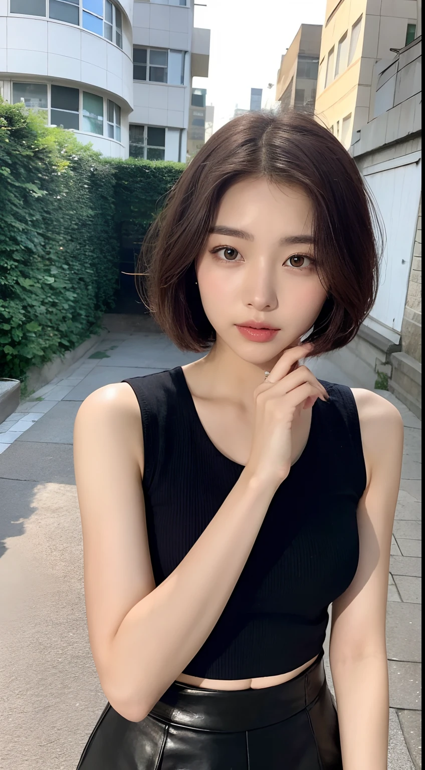 ((Best quality,8K,tmasterpiece:1.3)),the perfect beauty:1.4,Gluteus:1.2,(Layered Hair Style:1.2)),(the street:1.3),Highly Detailed Face and Skin Textur,Full body lesbian,Elaborate Eyes,二重まぶた,Whitening Skin,Short wave hair,Cute Korean beauty(with a round face:1.5),(Black top,short skirt:1.6)ssmile