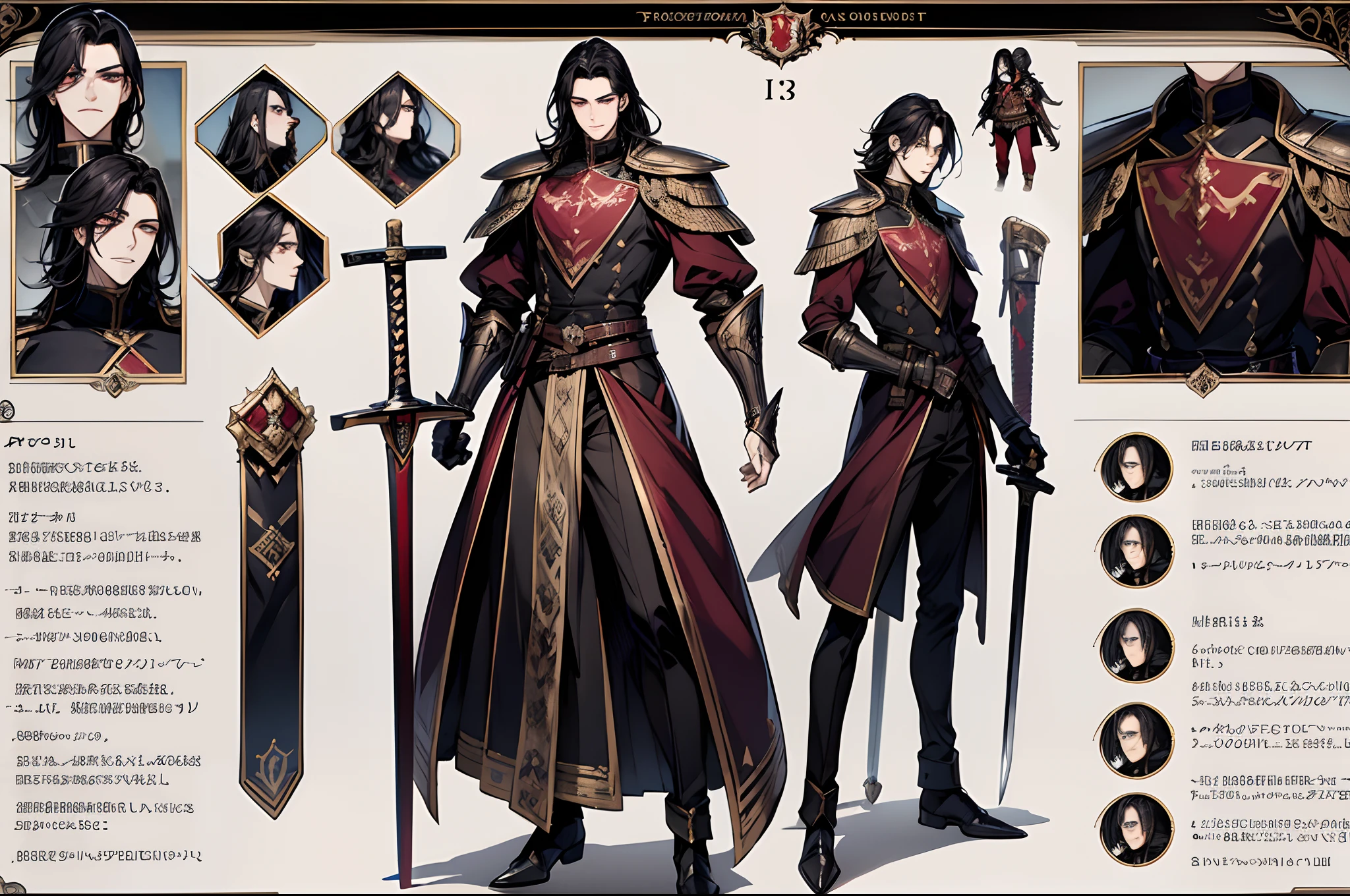((tmasterpiece )), ((best quality)), (CharacterDesingSheet, Same role, facade, side face, on the back), 1 man, imperial knight, nineteen years old, short revelde black hair, unruly bangs, pale skin, ruby red eyes, intimidating look, attractive, muscular, broad shoulders, cheerful personality, tmasterpiece, best quality, completed body, height 192cm, detailed, intimidating, imperial knight costume, sword, medieval fantasy style, Charturnbetalora, Concept-Art, Character concept art, Character sketches, Cheat sheet, Role chart, (simplebackground, white backgrounit： 1.3), Multiple poses and expressions