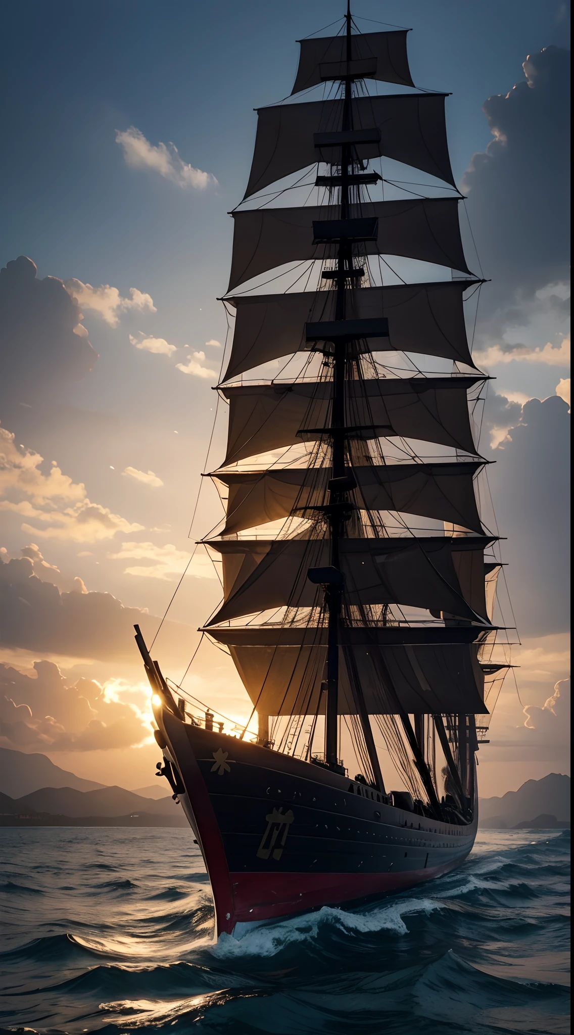 Chinese ship troops, mean, realistic, wooden ship, water, Epic, dark background