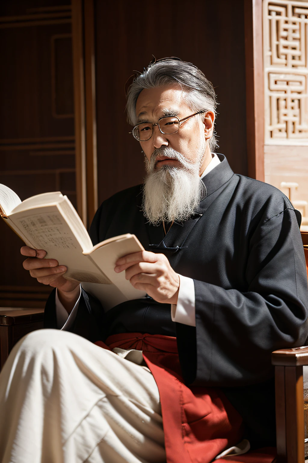 An old man in ancient China,Bring glasses,Only half of his face can be seen from the side,Sit and read with your head down,He wears ancient Chinese clothing,Long white beard,Looks very intelligent,Ancient Chinese Taoism,Taoist master
