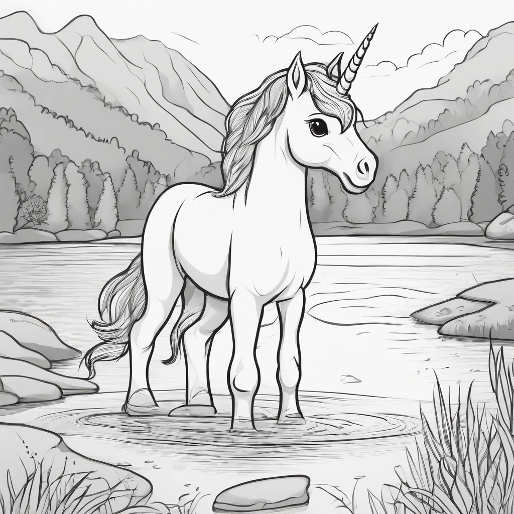Cute kiddy unicorn near a river cartoon style, Line drawing background, White background, monochrome, line-drawing, ((sketch)), Coloring Thick lines sharpened, remove grey tone