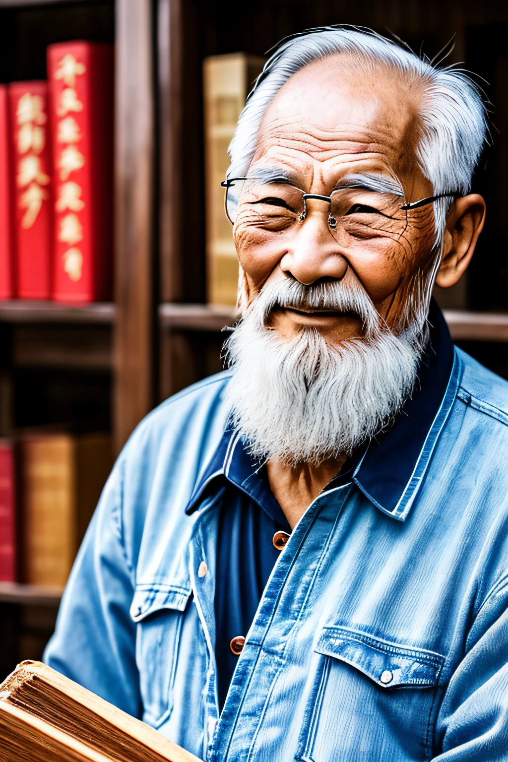 An old man with traditional Chinese thinking,Real frontal photos,Authentic background,The background is nature,holding books,worn-out clothing,Face full of wrinkles,80 years old Chinese medicine practitioner,Wise eyes,The beard is white,male people,country style