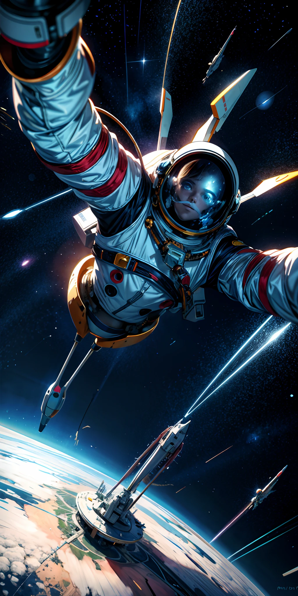 Cosmonaut soaring , It's like floating on its back Beautiful starry sky, Colorful Planets, Glowing Spaceship, futuristic technology, Cosmic Energy, bright colours, surrealistic atmosphere, Realistic rendering, Professional-level art, Ultra-detailed spacecraft, Impressive view, Mesmerizing composition, dynamic movement, Immersive Experience, Breathtaking scene, A high-resolution masterpiece.