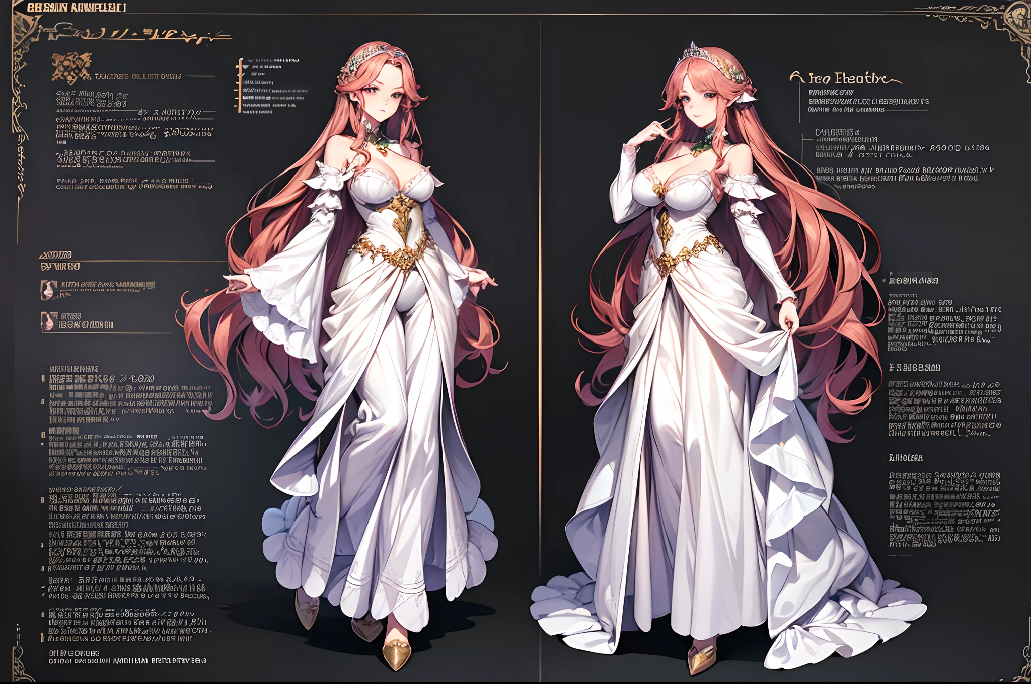 ((tmasterpiece )), ((best quality)), (CharacterDesingSheet, Same role, facade, side face, on the back), 1 girl, eighteen years old, very long wavy red hair, semi-long bangs, pale skin, eyes green as emeralds, shy look, cheerful, delicate, kind personality, tmasterpiece, best quality, full body, height 156cm, detailed, big breasts, princess costume, female accessories, harp, sweets, books, medieval fantasy style, Charturnbetalora, Concept-Art, Character concept art, Character sketches, Cheat sheet, Role chart, (simplebackground, white background: 1.3), Multiple poses and expressions
