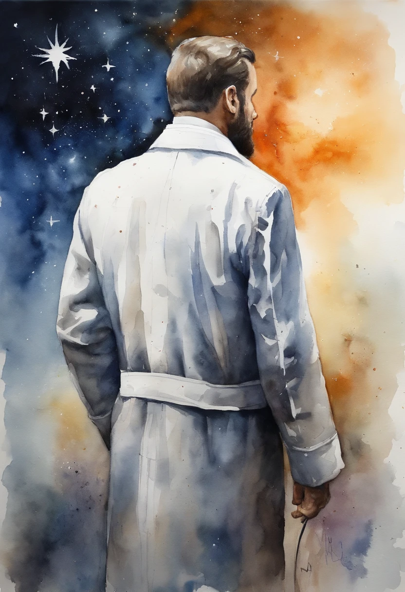 A scientist in a scientific coat turned his back to us,looking at the stars,hard core,Technologie,