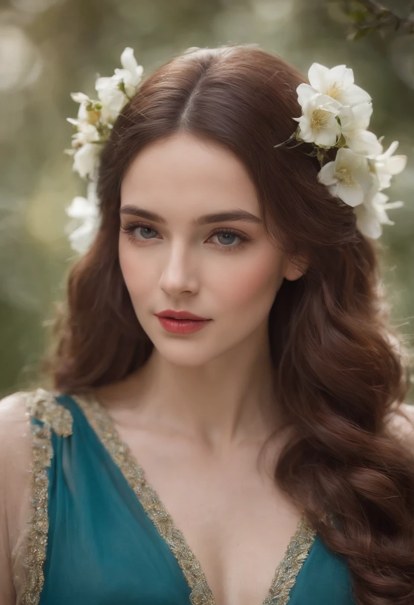 -yeld,Coabello largo y rizado de color rojo sedoso y suave,Ojo azul detallado y perfecto,pecas en la cara,Ultra Perfection,cinematic quality,Llevar un vestido largo verde agua,Con una flor detallada y perfecta en el cabello,En un antiguo templo,Ultra HD,flawless lighting,Mega HD,Ultra 4K