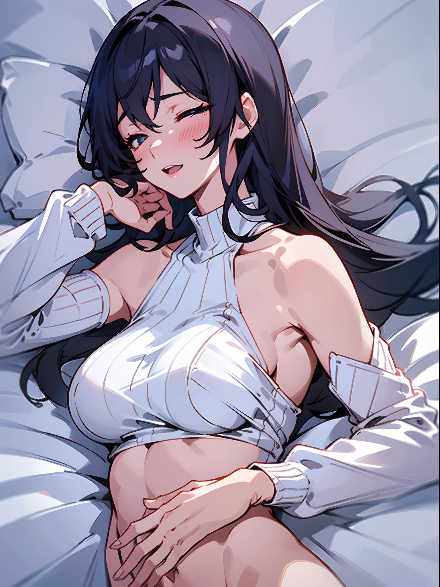 (Best Quality, 8k, 32k, Masterpiece, UHD:1.3), (Photo of Attractive Japanese Woman), ((1 Girl)), ((medium breast:1.3)), Abs, Perfect Body, Ultra Detailed Face, Detailed Lips, Fine Eyes, double eyelids, ((milf)) sexy girl, beautiful girl, jaw-dropping beauty, (black long hair:1.2)), ((close up to face)), smiling beautifully, open mouth :0.8, hand on cheek, contemplating, enjoying tea, wet clothes, in bedroom, on top of bed, laying on bed, from behind, detailed buttbeautiful detailed back, toned muscle, perfect body, looking at distant horizon, ((facing away from viewer)), blushing, ((wearing white sweater)), ((sleeping on her stomach))