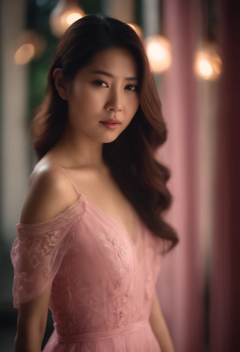 Asian women in a pink see-through dress